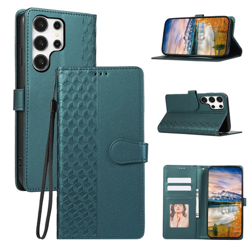 For Samsung Galaxy S26 Ultra Case 3D Rhombus Grid Imprinted Wallet Leather Phone Cover with Lanyard - Green - 1