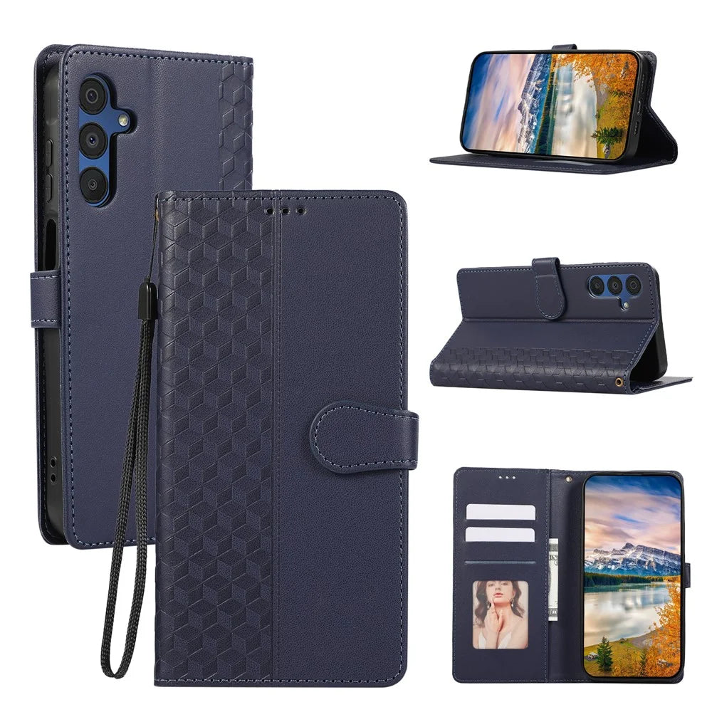 For Samsung Galaxy S26 Case 3D Rhombus Grid Imprinted Wallet Leather Phone Cover with Lanyard - Blue - 1