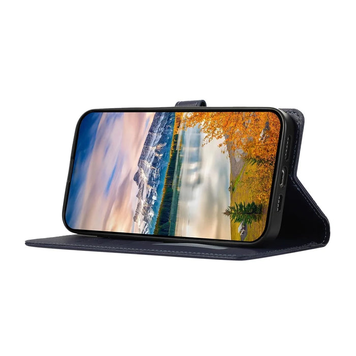 For Samsung Galaxy S26 Case 3D Rhombus Grid Imprinted Wallet Leather Phone Cover with Lanyard - Blue - 3