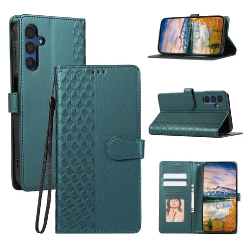 For Samsung Galaxy S26+ Case 3D Rhombus Grid Imprinted Wallet Leather Phone Cover with Lanyard - Green - 1