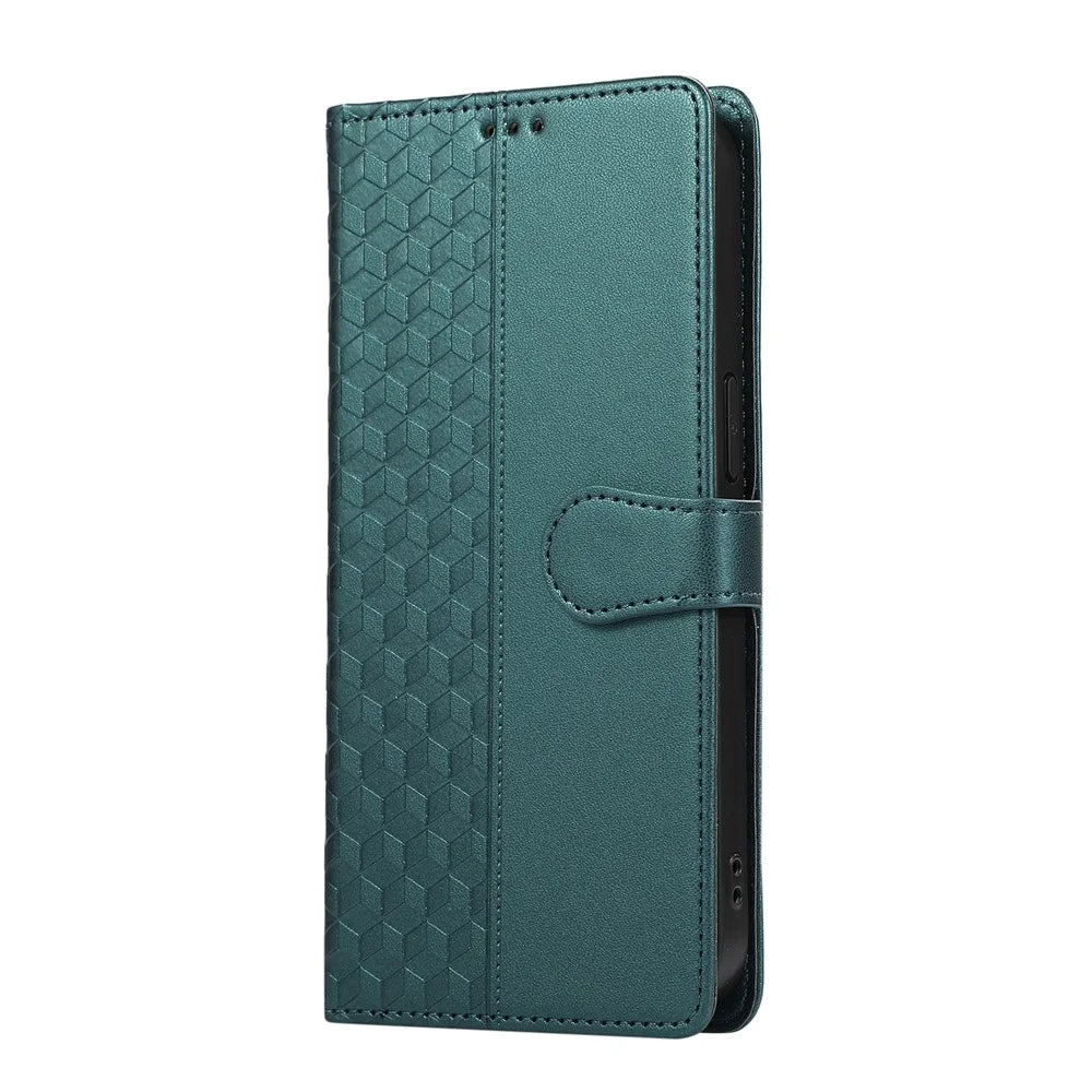 For Samsung Galaxy S26+ Case 3D Rhombus Grid Imprinted Wallet Leather Phone Cover with Lanyard - Green - 7