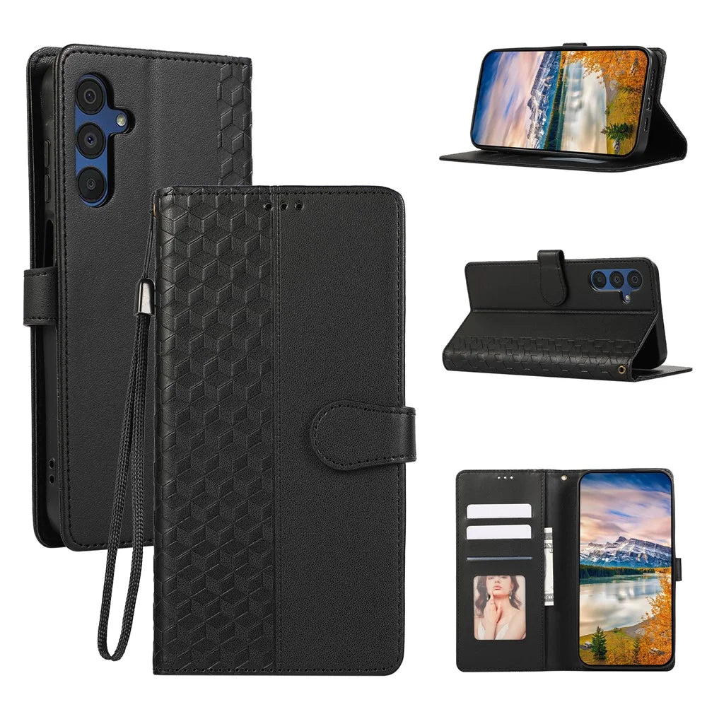 For Samsung Galaxy A57 5G Case 3D Rhombus Grid Imprinted Wallet Leather Phone Cover with Lanyard - Black - 1