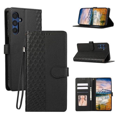 For Samsung Galaxy A57 5G Case 3D Rhombus Grid Imprinted Wallet Leather Phone Cover with Lanyard - Black - 1