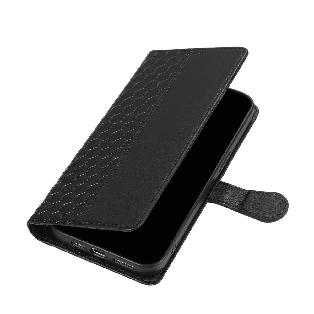For Samsung Galaxy A57 5G Case 3D Rhombus Grid Imprinted Wallet Leather Phone Cover with Lanyard - Black - 5