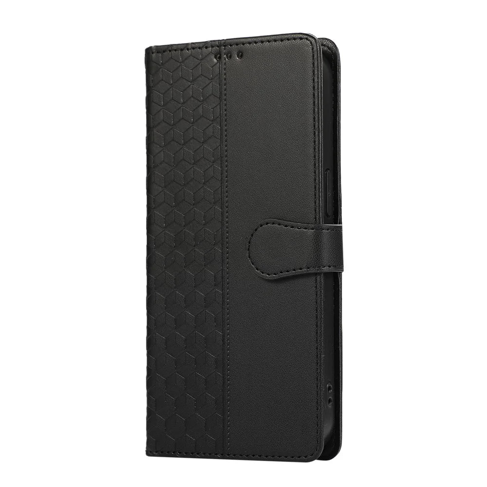 For Samsung Galaxy A57 5G Case 3D Rhombus Grid Imprinted Wallet Leather Phone Cover with Lanyard - Black - 7
