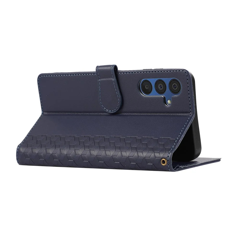 For Samsung Galaxy A37 5G Case 3D Rhombus Grid Imprinted Wallet Leather Phone Cover with Lanyard - Blue - 4