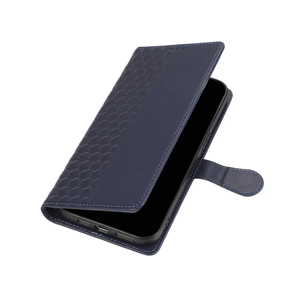 For Samsung Galaxy A37 5G Case 3D Rhombus Grid Imprinted Wallet Leather Phone Cover with Lanyard - Blue - 6
