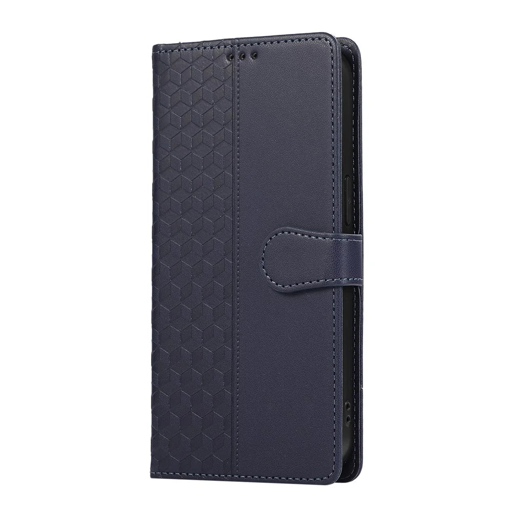 For Samsung Galaxy A37 5G Case 3D Rhombus Grid Imprinted Wallet Leather Phone Cover with Lanyard - Blue - 7