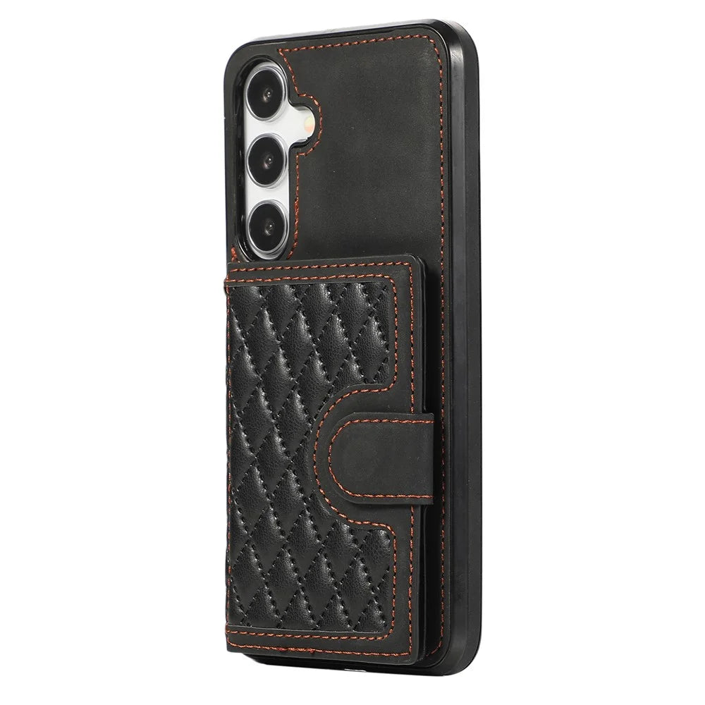 For Samsung Galaxy S26 Case Rhombus Grid TPU PU Leather PC Phone Cover with Card Holder Kickstand - Black - 1