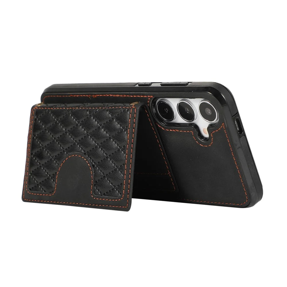 For Samsung Galaxy S26 Case Rhombus Grid TPU PU Leather PC Phone Cover with Card Holder Kickstand - Black - 3