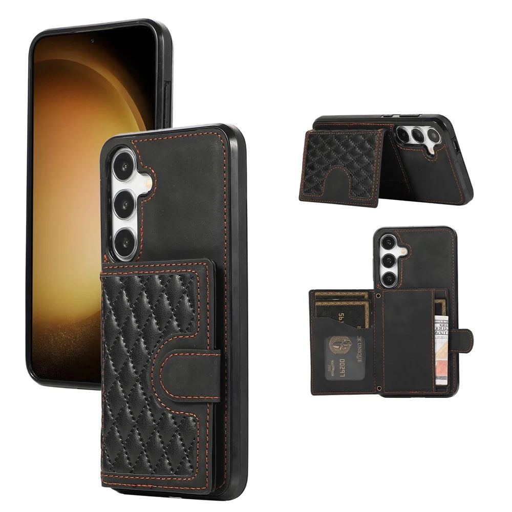For Samsung Galaxy S26 Case Rhombus Grid TPU PU Leather PC Phone Cover with Card Holder Kickstand - Black - 5