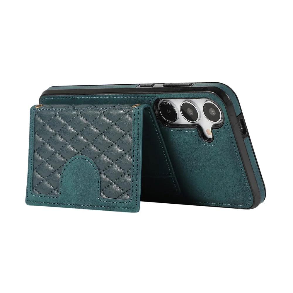 For Samsung Galaxy S26+ Case Rhombus Grid TPU PU Leather PC Phone Cover with Card Holder Kickstand - Green - 3