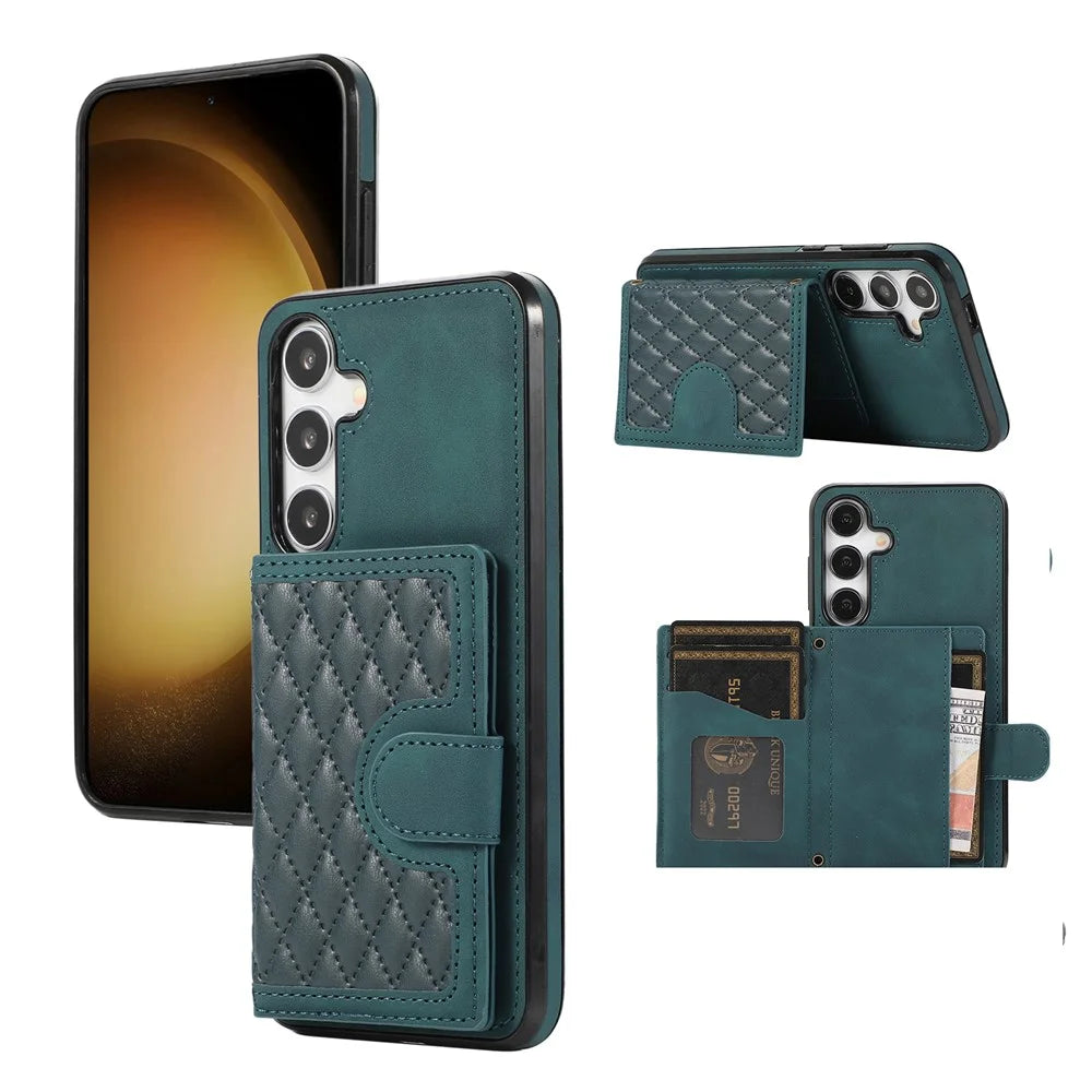 For Samsung Galaxy S26+ Case Rhombus Grid TPU PU Leather PC Phone Cover with Card Holder Kickstand - Green - 5