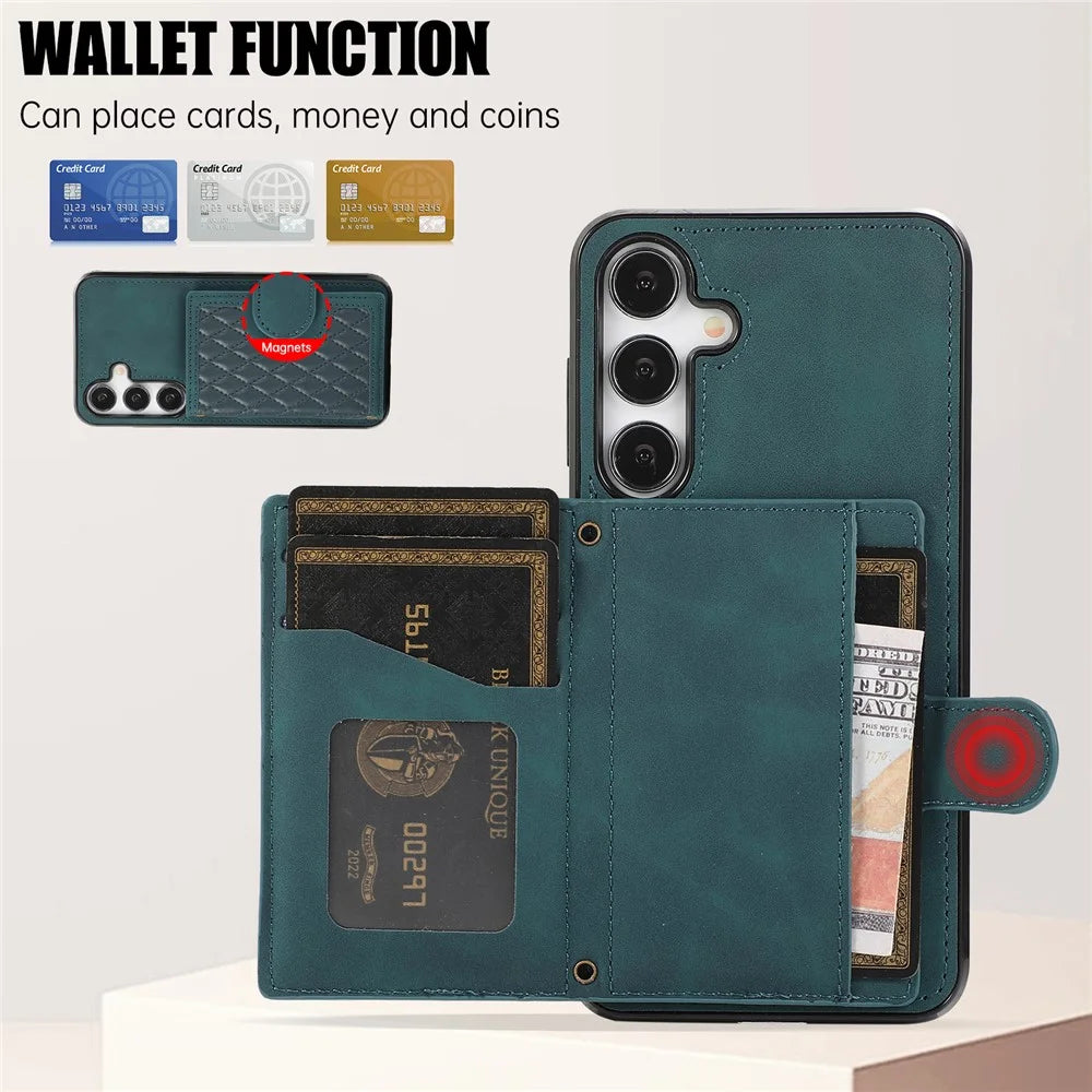 For Samsung Galaxy S26+ Case Rhombus Grid TPU PU Leather PC Phone Cover with Card Holder Kickstand - Green - 6