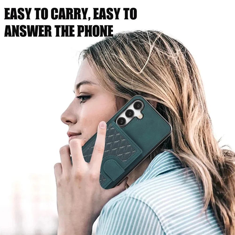 For Samsung Galaxy S26+ Case Rhombus Grid TPU PU Leather PC Phone Cover with Card Holder Kickstand - Green - 7