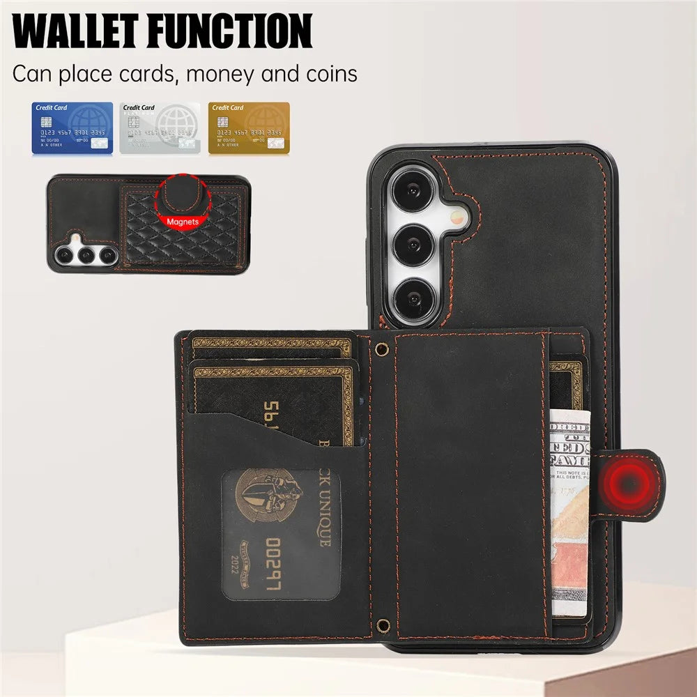 For Samsung Galaxy A57 5G Case Rhombus Grid TPU PU Leather PC Phone Cover with Card Holder Kickstand - Black - 6
