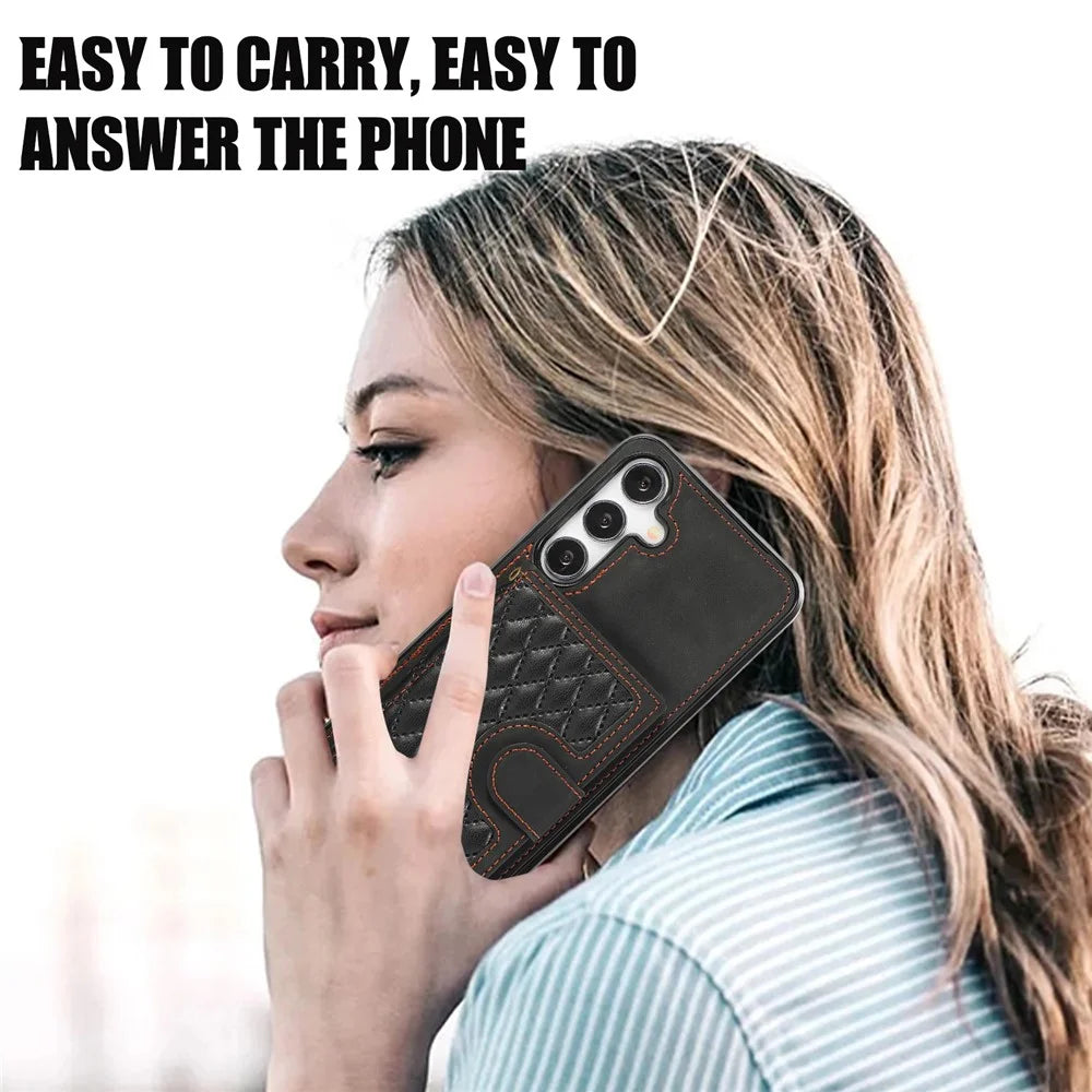 For Samsung Galaxy A57 5G Case Rhombus Grid TPU PU Leather PC Phone Cover with Card Holder Kickstand - Black - 7
