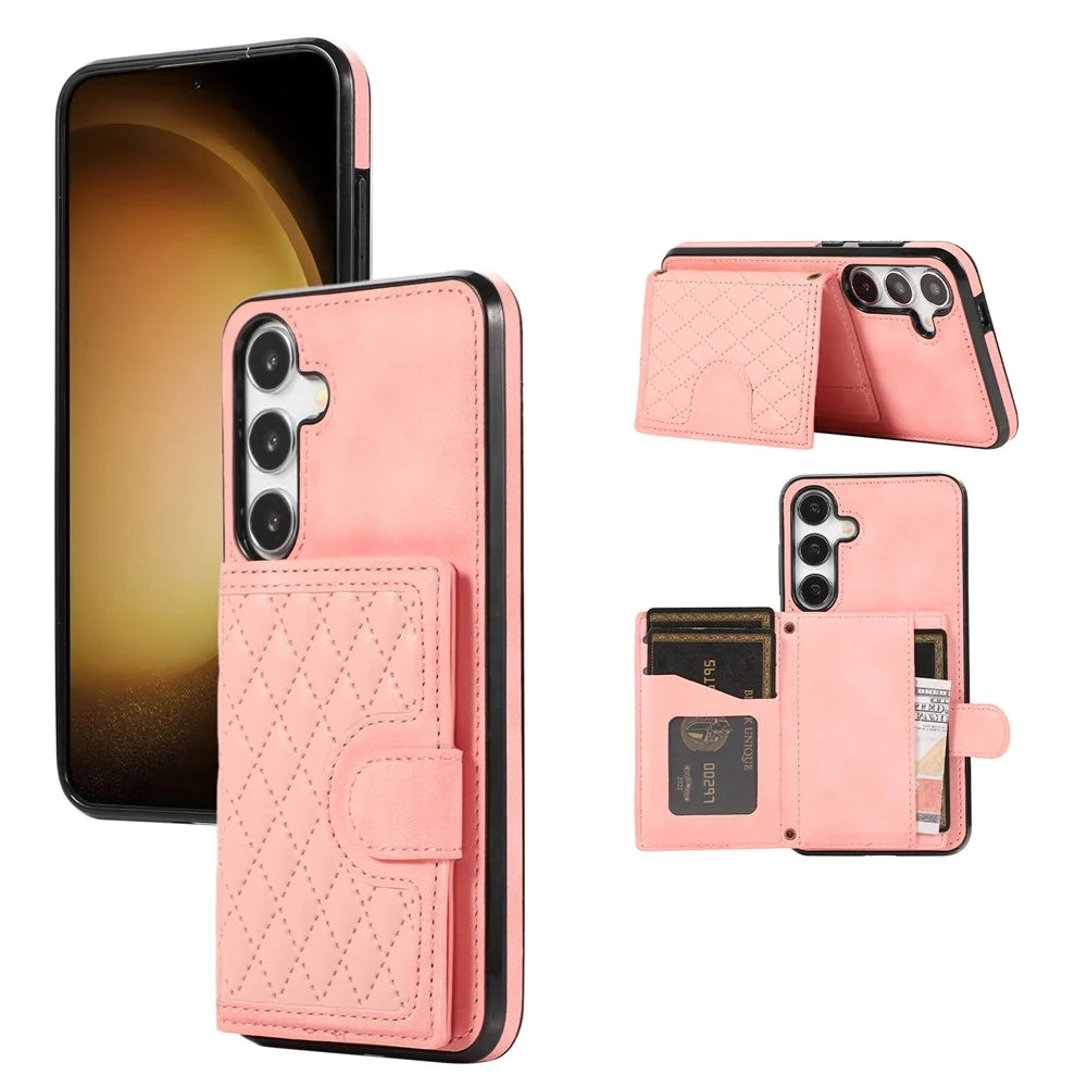 For Samsung Galaxy A37 5G Case Rhombus Grid TPU PU Leather PC Phone Cover with Card Holder Kickstand - Rose Gold - 2