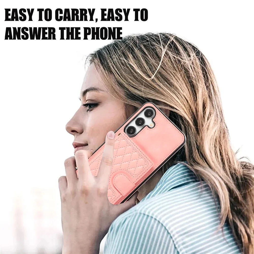 For Samsung Galaxy A37 5G Case Rhombus Grid TPU PU Leather PC Phone Cover with Card Holder Kickstand - Rose Gold - 7