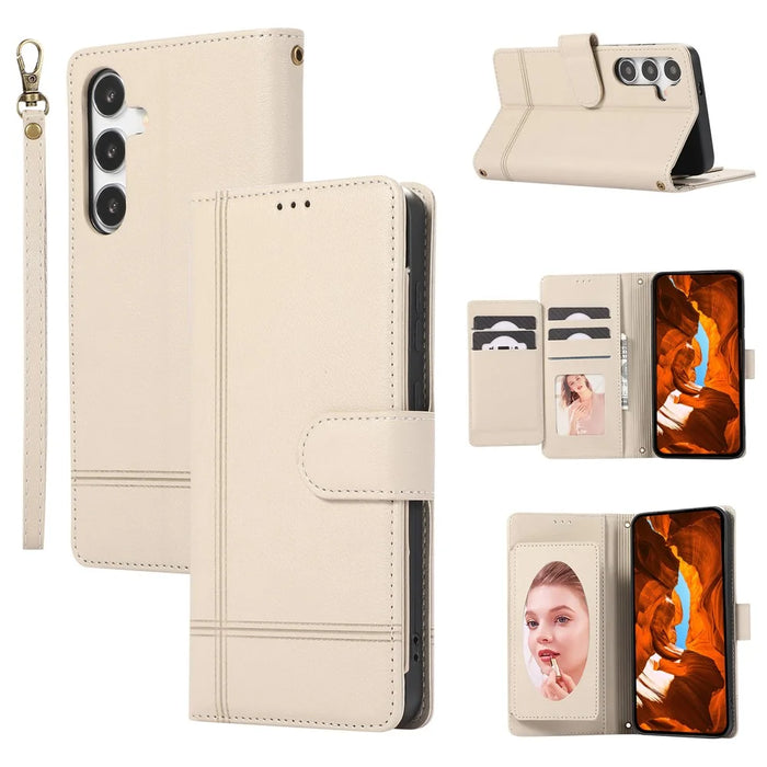 For Samsung Galaxy A57 5G Case TPU PU Leather Folio Flip Shockproof Phone Cover with Mirror - Beige - 1