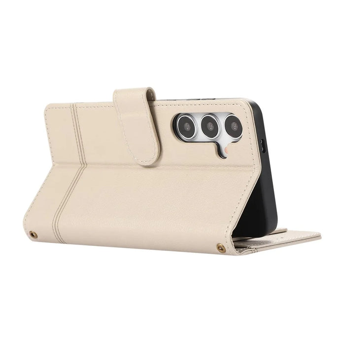 For Samsung Galaxy A57 5G Case TPU PU Leather Folio Flip Shockproof Phone Cover with Mirror - Beige - 5