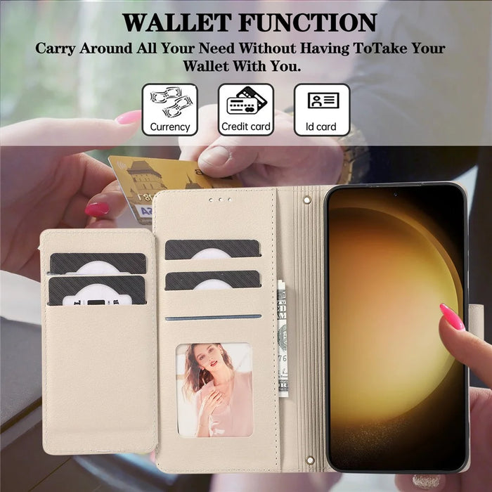 For Samsung Galaxy A57 5G Case TPU PU Leather Folio Flip Shockproof Phone Cover with Mirror - Beige - 6