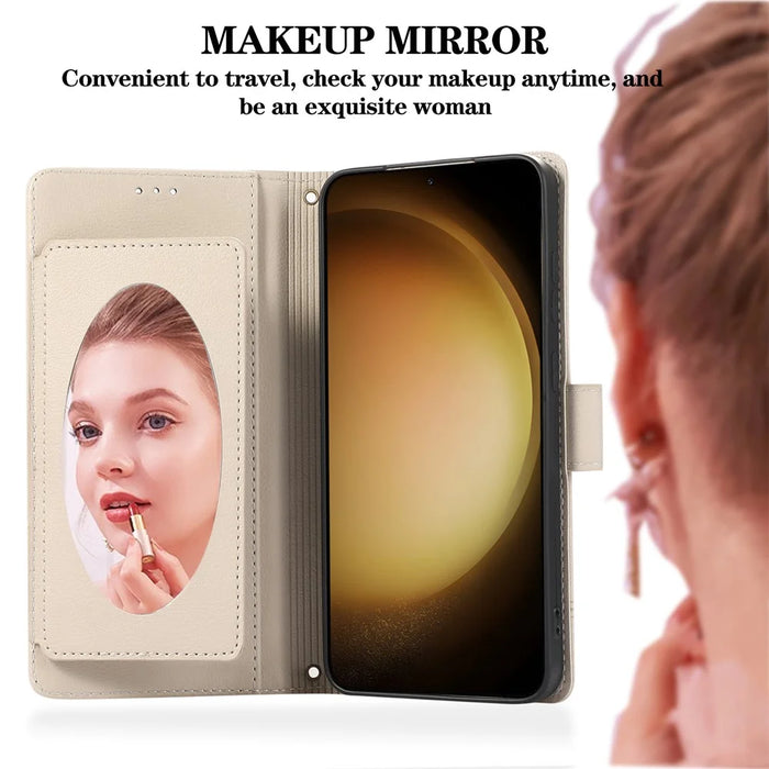 For Samsung Galaxy A57 5G Case TPU PU Leather Folio Flip Shockproof Phone Cover with Mirror - Beige - 7