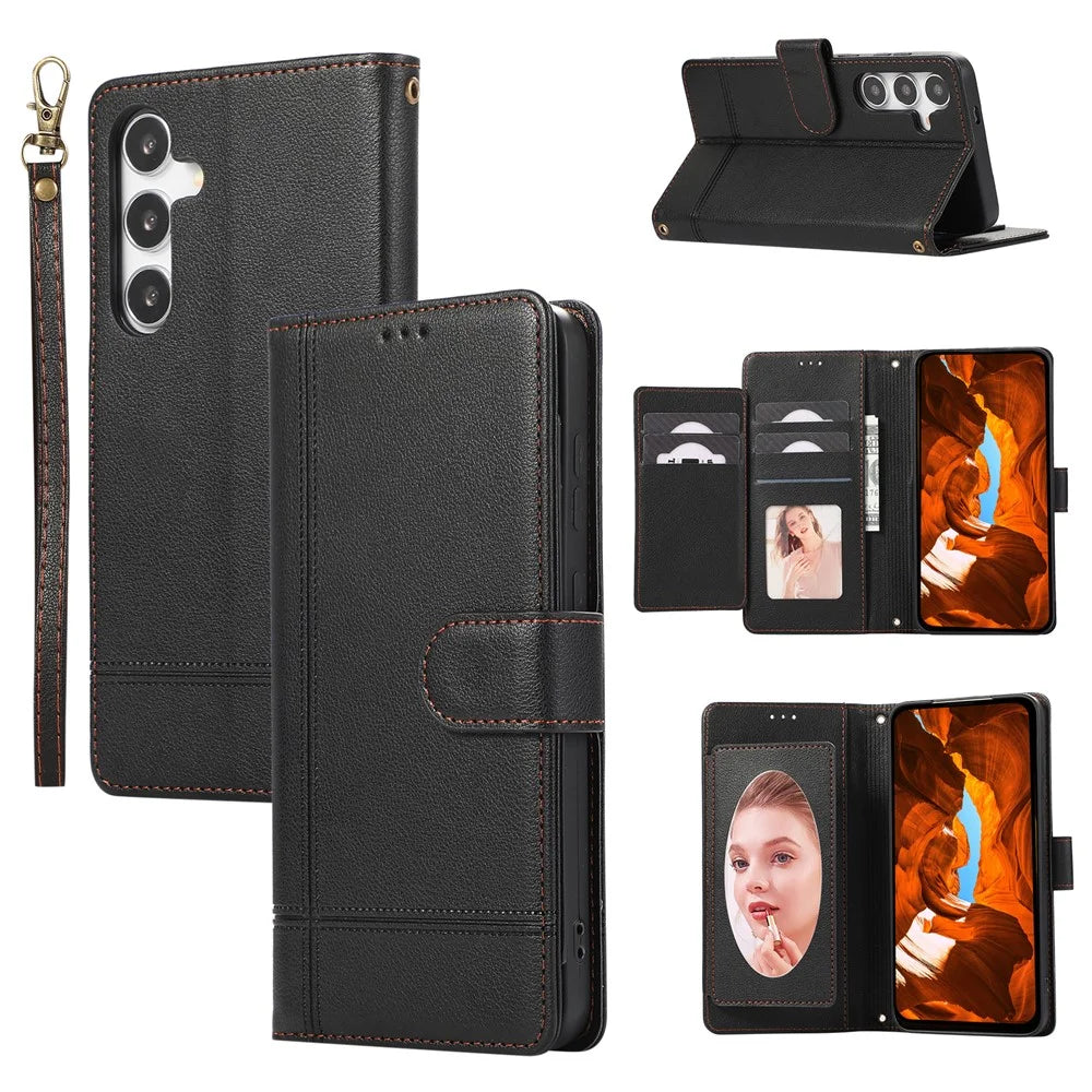 For Samsung Galaxy A37 5G Case TPU PU Leather Folio Flip Shockproof Phone Cover with Mirror - Black - 1