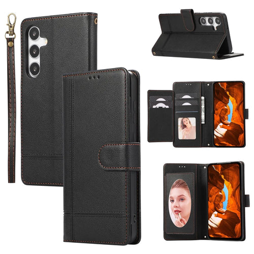 For Samsung Galaxy A37 5G Case TPU PU Leather Folio Flip Shockproof Phone Cover with Mirror - Black - 1