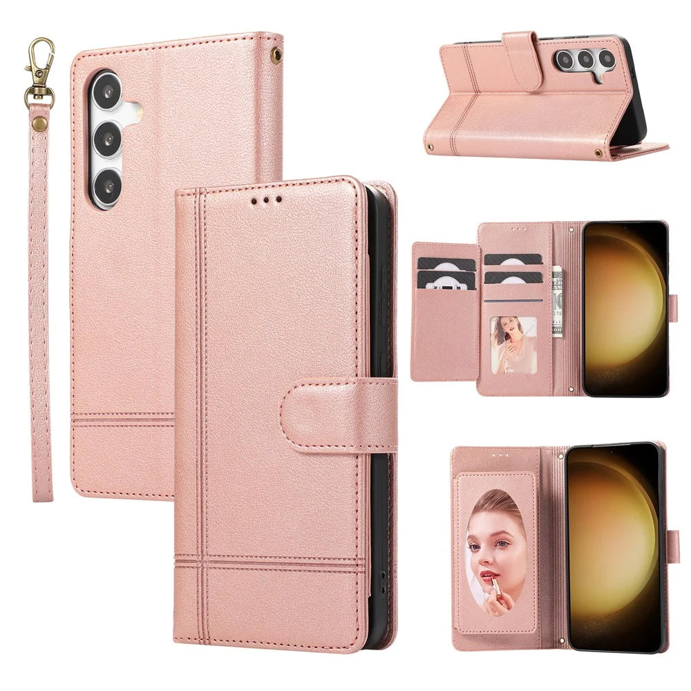 For Samsung Galaxy S26 Case TPU PU Leather Folio Flip Shockproof Phone Cover with Mirror - Rose Gold - 1