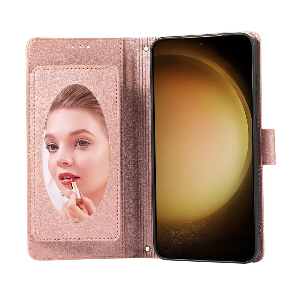 For Samsung Galaxy S26 Case TPU PU Leather Folio Flip Shockproof Phone Cover with Mirror - Rose Gold - 3