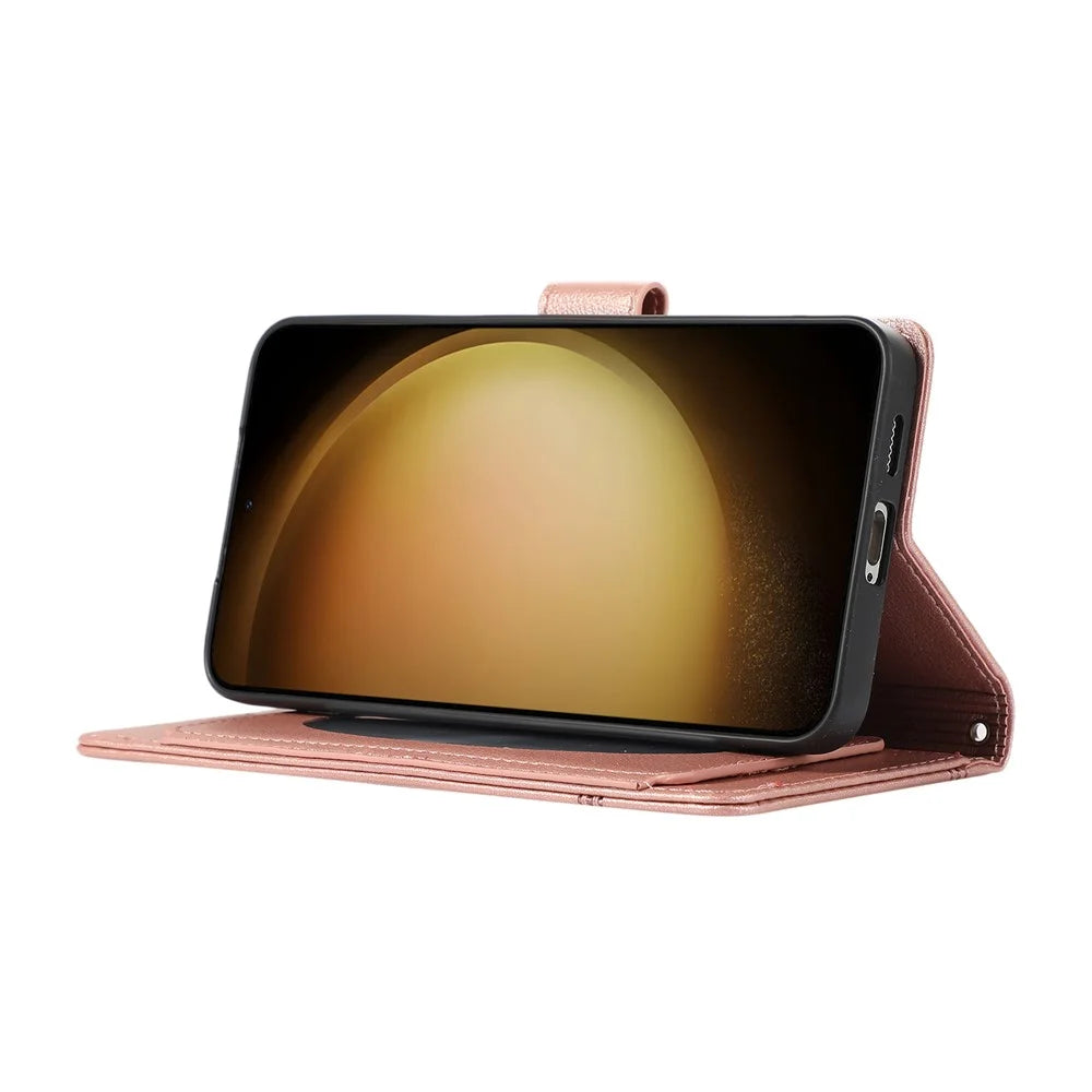 For Samsung Galaxy S26 Case TPU PU Leather Folio Flip Shockproof Phone Cover with Mirror - Rose Gold - 4