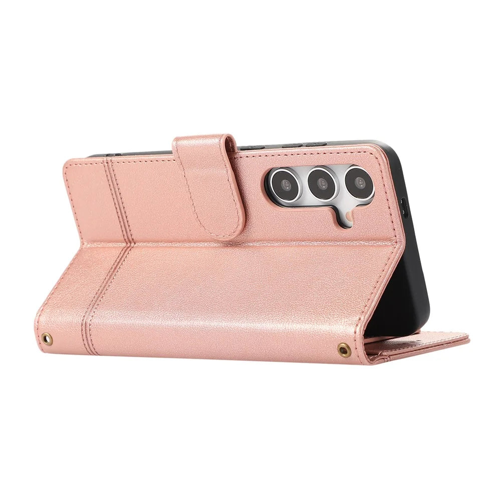 For Samsung Galaxy S26 Case TPU PU Leather Folio Flip Shockproof Phone Cover with Mirror - Rose Gold - 5