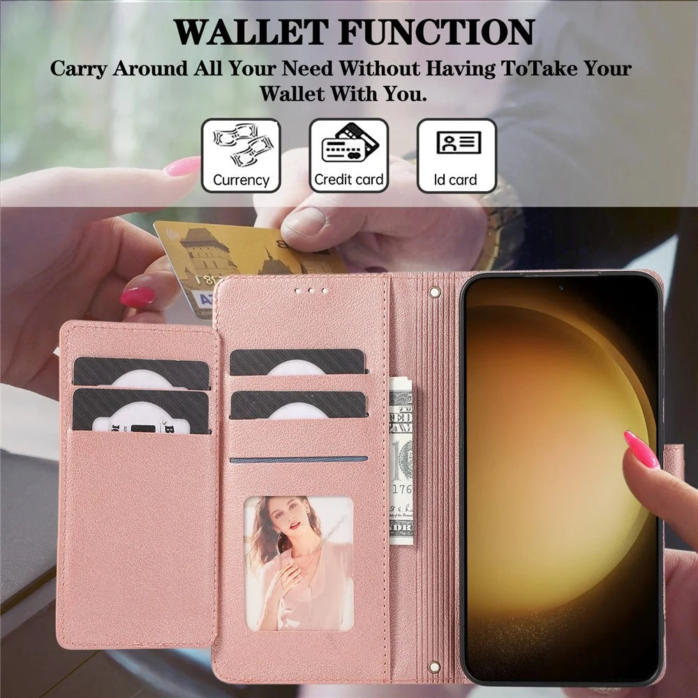For Samsung Galaxy S26 Case TPU PU Leather Folio Flip Shockproof Phone Cover with Mirror - Rose Gold - 6
