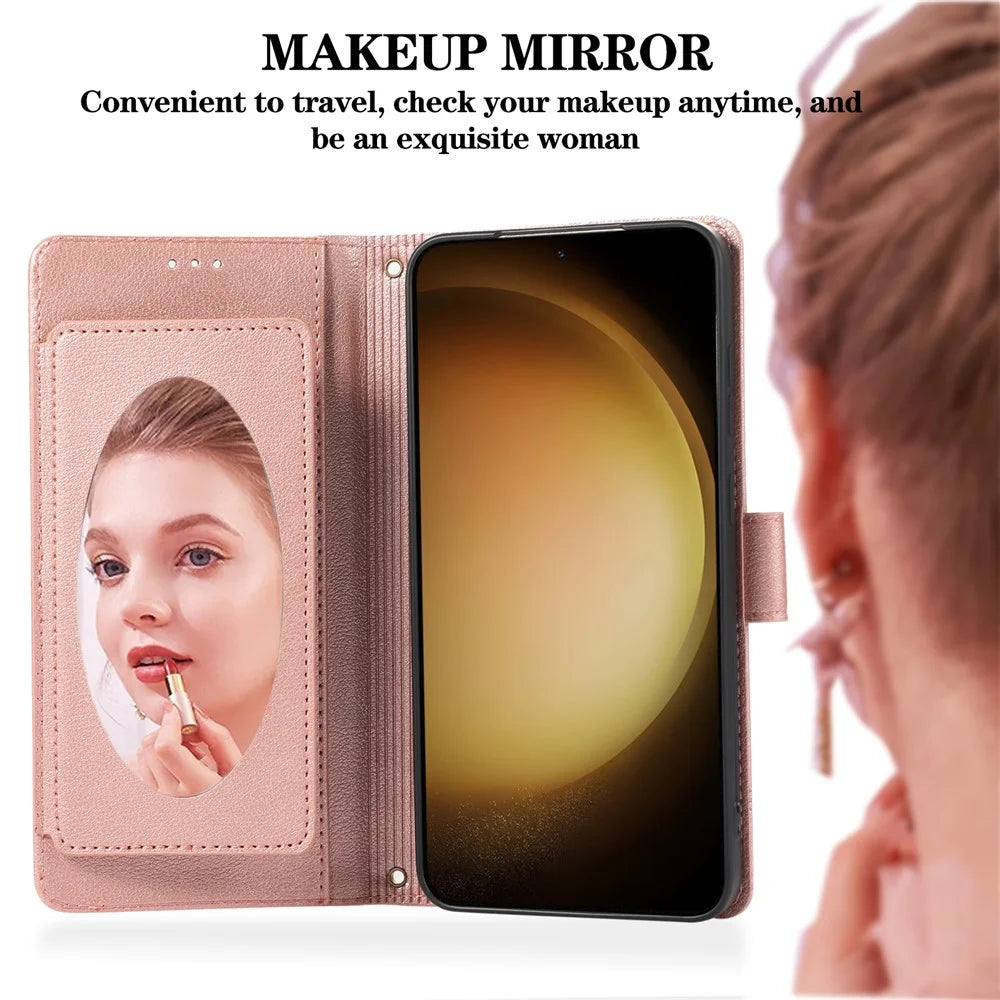 For Samsung Galaxy S26 Case TPU PU Leather Folio Flip Shockproof Phone Cover with Mirror - Rose Gold - 7
