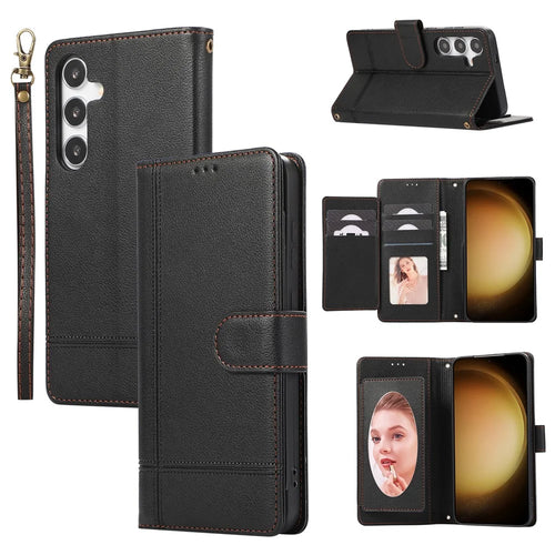 For Samsung Galaxy S26+ Case TPU PU Leather Folio Flip Shockproof Phone Cover with Mirror - Black - 1
