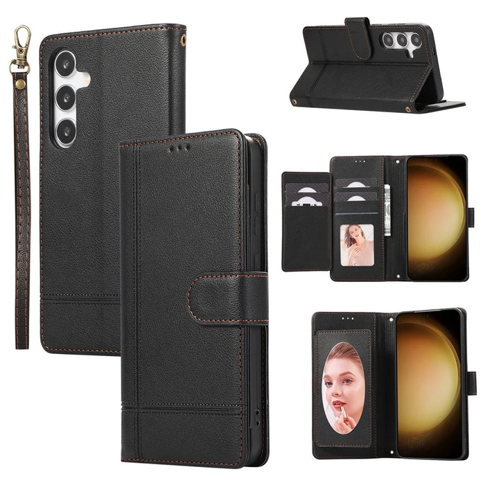 For Samsung Galaxy S26+ Case TPU PU Leather Folio Flip Shockproof Phone Cover with Mirror - Black - 1