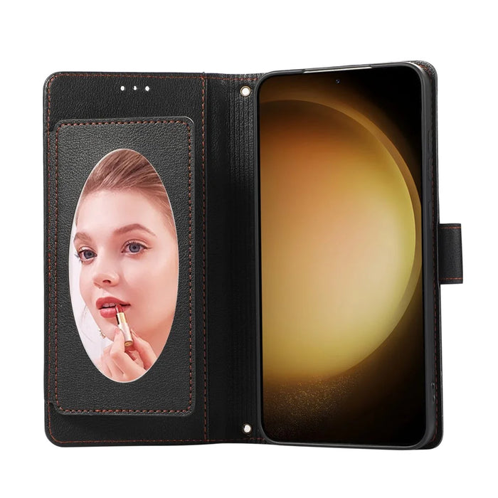 For Samsung Galaxy S26+ Case TPU PU Leather Folio Flip Shockproof Phone Cover with Mirror - Black - 3