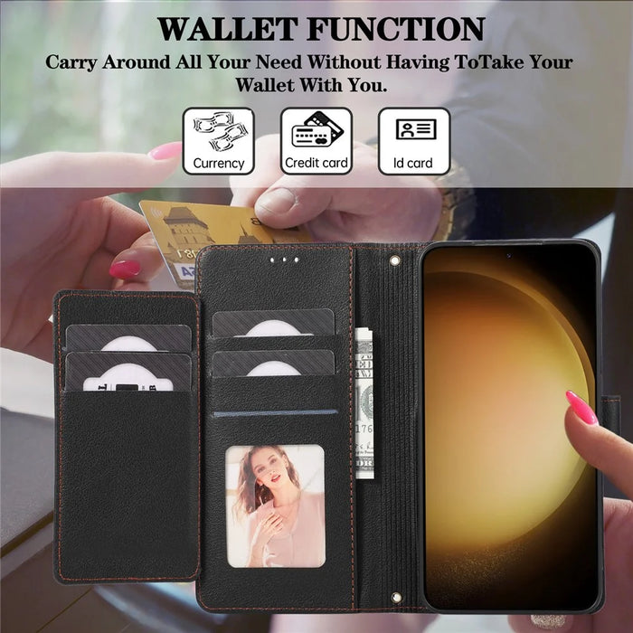 For Samsung Galaxy S26+ Case TPU PU Leather Folio Flip Shockproof Phone Cover with Mirror - Black - 6