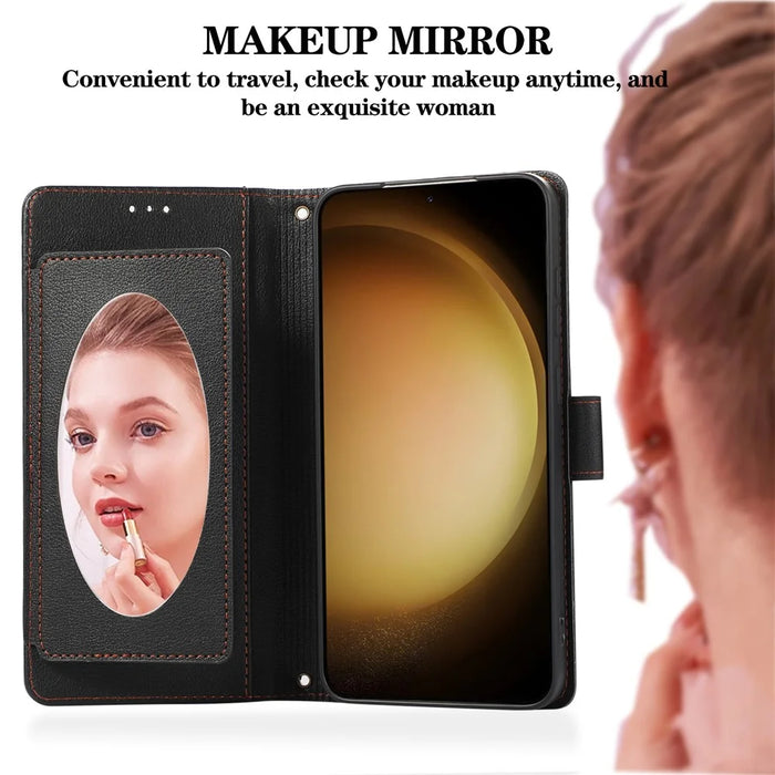 For Samsung Galaxy S26+ Case TPU PU Leather Folio Flip Shockproof Phone Cover with Mirror - Black - 7