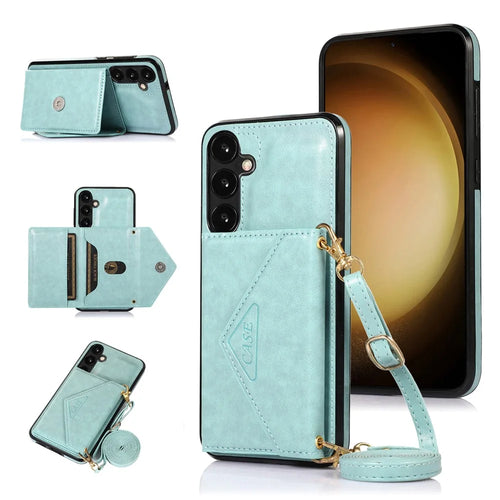 For Samsung Galaxy A57 5G Cell Phone Case Triangle Lid Card Bag Leather + TPU Cover with Long Strap - Green - 1