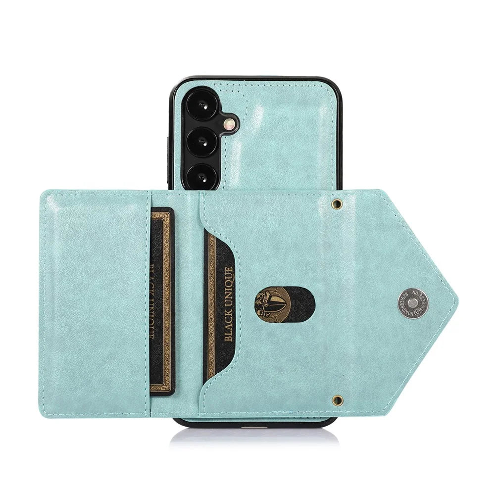 For Samsung Galaxy A57 5G Cell Phone Case Triangle Lid Card Bag Leather + TPU Cover with Long Strap - Green - 4