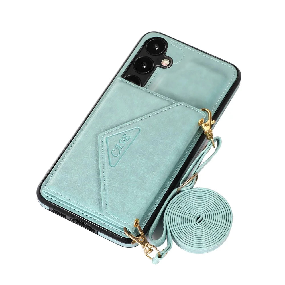 For Samsung Galaxy A57 5G Cell Phone Case Triangle Lid Card Bag Leather + TPU Cover with Long Strap - Green - 7