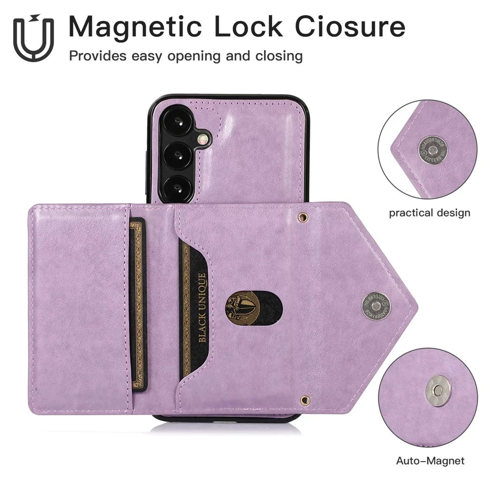 For Samsung Galaxy A37 5G Cell Phone Case Triangle Lid Card Bag Leather + TPU Cover with Long Strap - Purple - 6