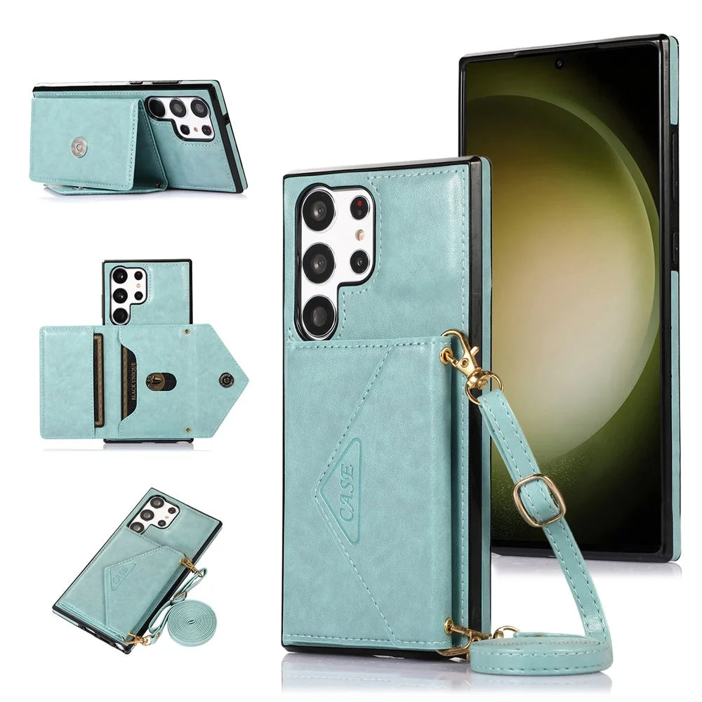 For Samsung Galaxy S26 Ultra Cell Phone Case Triangle Lid Card Bag Leather + TPU Cover with Long Strap - Green - 1