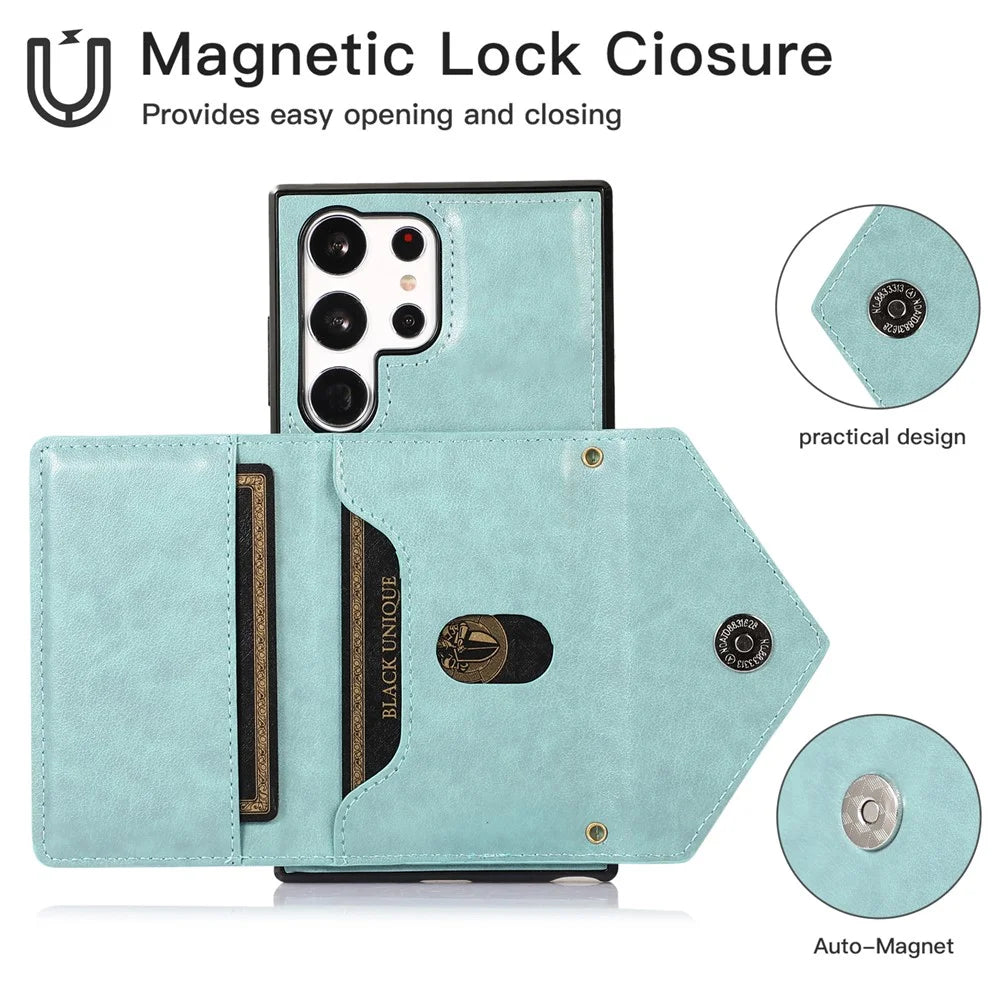 For Samsung Galaxy S26 Ultra Cell Phone Case Triangle Lid Card Bag Leather + TPU Cover with Long Strap - Green - 5