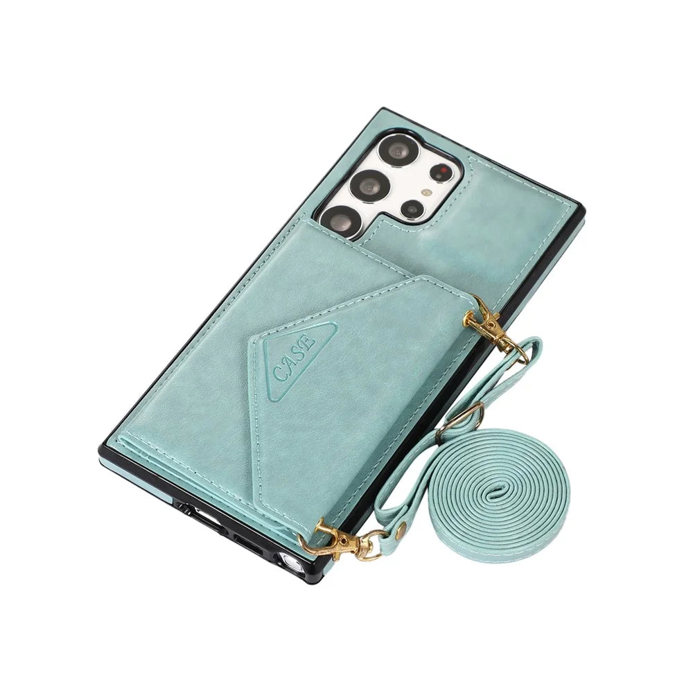 For Samsung Galaxy S26 Ultra Cell Phone Case Triangle Lid Card Bag Leather + TPU Cover with Long Strap - Green - 7