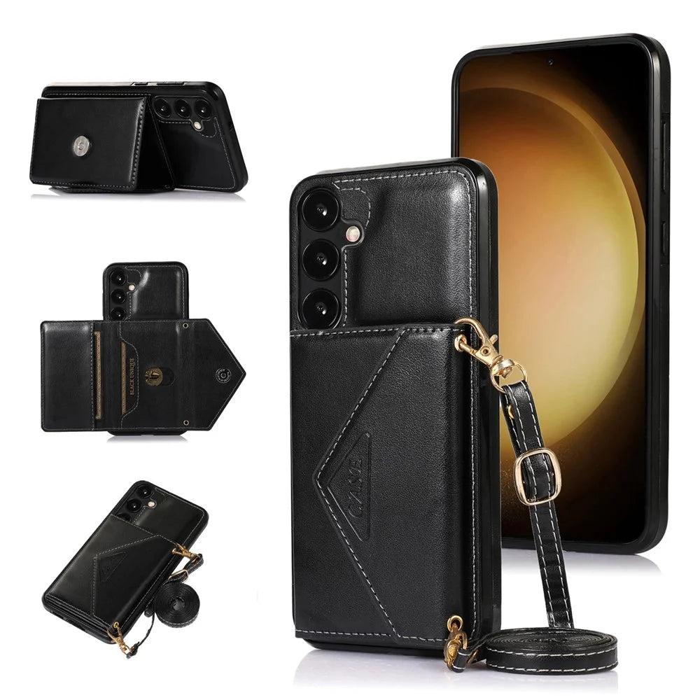 For Samsung Galaxy S26+ Cell Phone Case Triangle Lid Card Bag Leather + TPU Cover with Long Strap - Black - 1