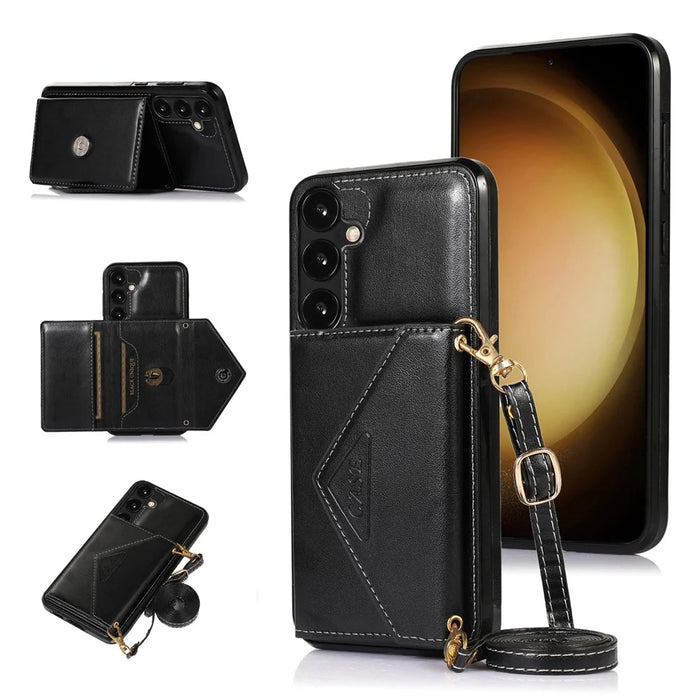 For Samsung Galaxy S26+ Cell Phone Case Triangle Lid Card Bag Leather + TPU Cover with Long Strap - Black - 1