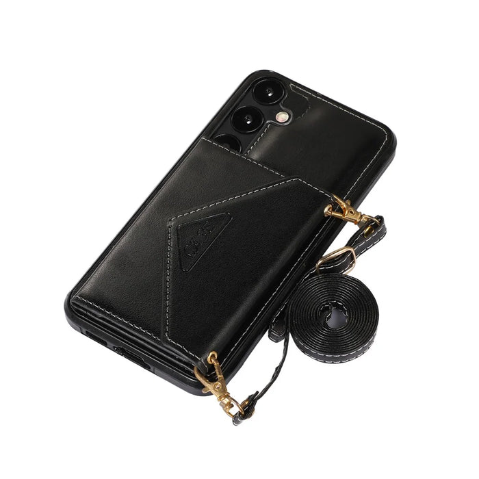 For Samsung Galaxy S26+ Cell Phone Case Triangle Lid Card Bag Leather + TPU Cover with Long Strap - Black - 7